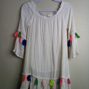 True Destiny Dress Women M Short Boho Feminine Colorful Tassels Cream